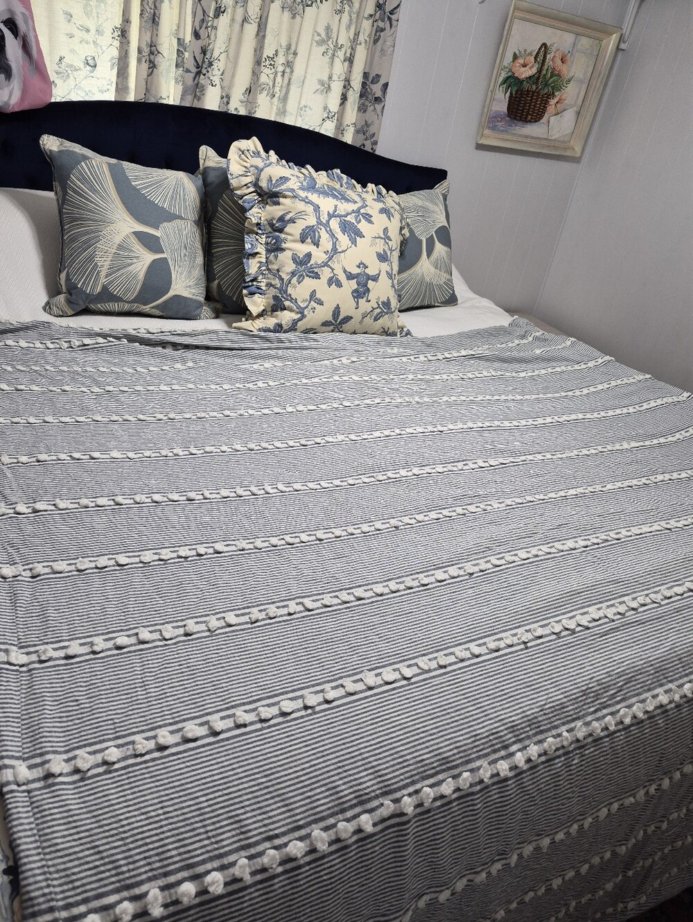 Pinecone Hill Twin Size Gray Stripe Pompom Cotton Linen Duvet Cover